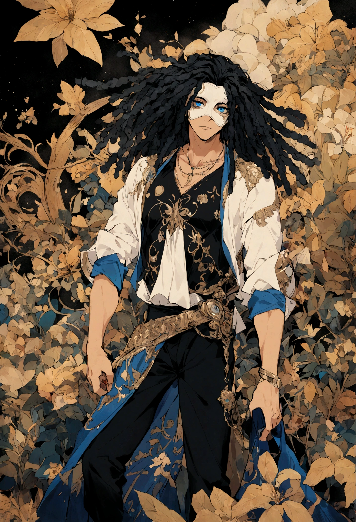 A man with collected brown dreadlocks, con una mascara cubriendo toda la cara excepto parte de la boca, The white mask with details of very small blue stars in the eye area, este hombre es alto, con una musculatura normal, esta vestido con una camisa ajustada de mangas cortas, el color de la camisa es de color gris oscuro, He also has black sports pants, el fondo es un cielo nocturno con el signo zodiacal de virgo.