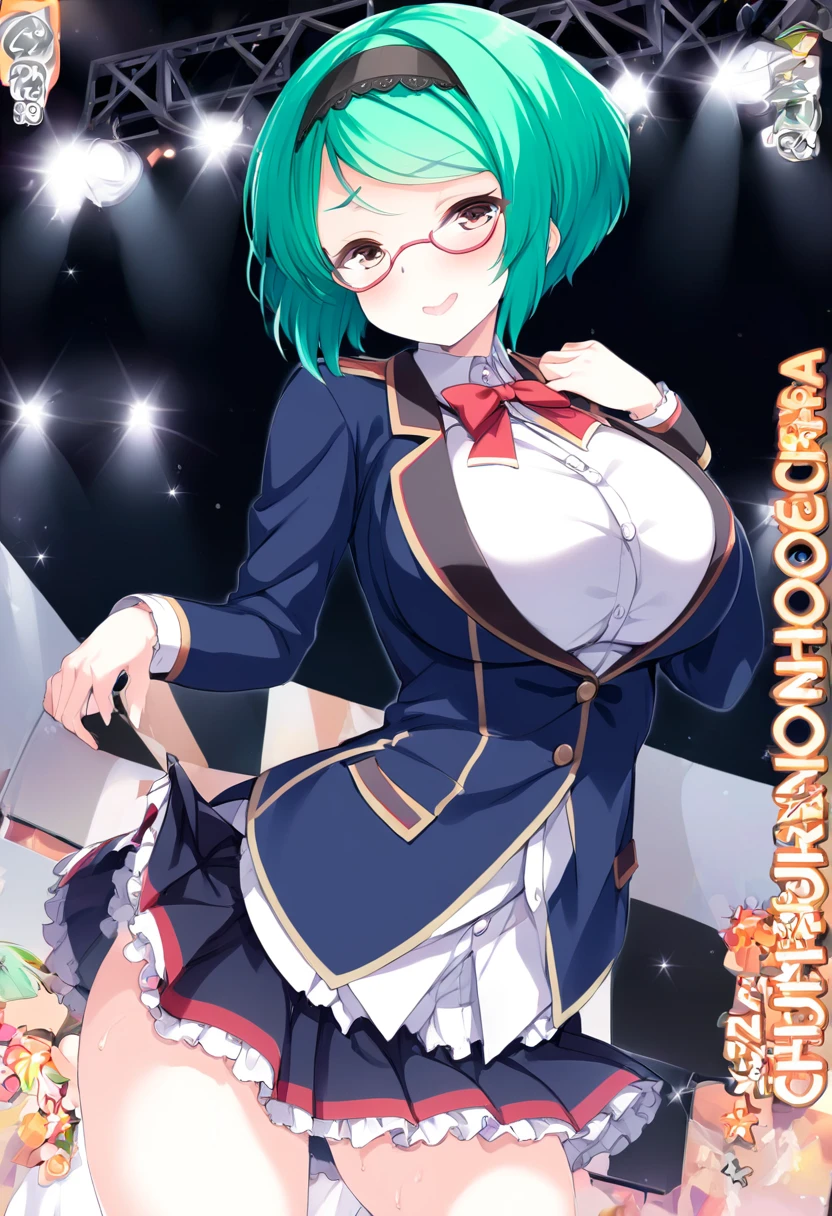 onoderachizuru, green hair, hairband, short hair, yellow eyes, brown eyes,, large breasts,, Live Stage, solo nsfw, Blazer uniform