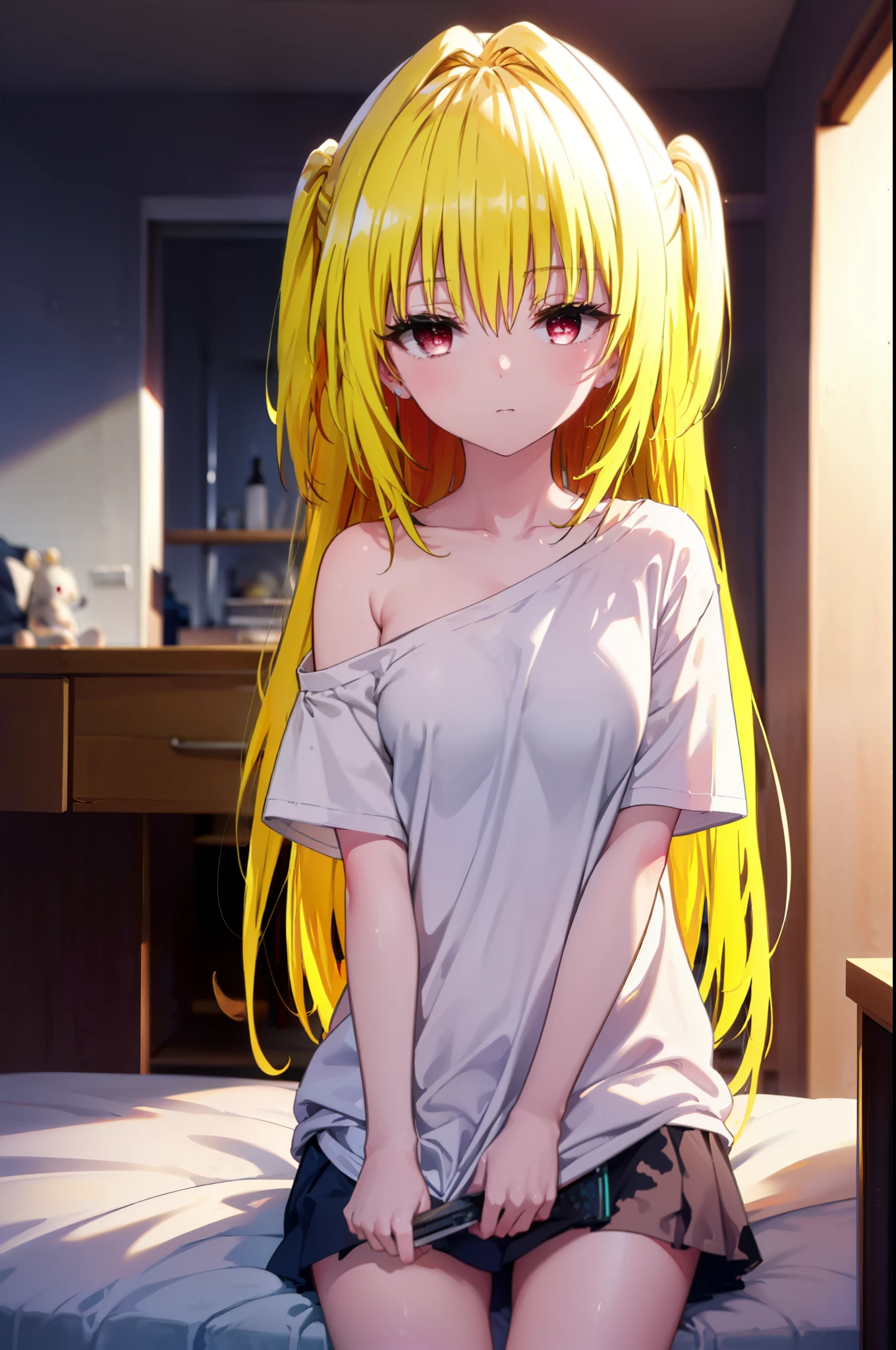 toloverumy, my, (Yellow Hair:1.5), Long Hair, (Red eyes:1.5),Messy Hair,Oversized T-shirt,One-shoulder T-shirt,Black string underwear,barefoot,Waking up,Sitting on the bed,The stuffed toy is on the bed,morning,morning陽,The sun is rising,So that the whole body goes into the illustration,
break outdoors, Bedroom,
break looking at viewer, (Cowboy Shot:1.5),
break (masterpiece:1.2), highest quality, High resolution, unity 8k wallpaper, (figure:0.8), (Beautiful fine details:1.6), Highly detailed face, Perfect lighting, Highly detailed CG, (Perfect hands, Perfect Anatomy),