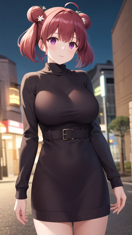 masterpiece, best quality, highres, 1girl, solo, short hair, red hair, short twintails, double bun, ahoge, hair ornament, purple eyes, large breasts, sweater dress, long sleeves, turtleneck, outdoors, street, standing, cowboy shot, night