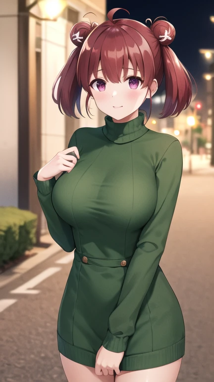 masterpiece, best quality, highres, 1girl, solo, short hair, red hair, short twintails, double bun, ahoge, hair ornament, purple eyes, large breasts, sweater dress, long sleeves, turtleneck, outdoors, street, standing, cowboy shot, night