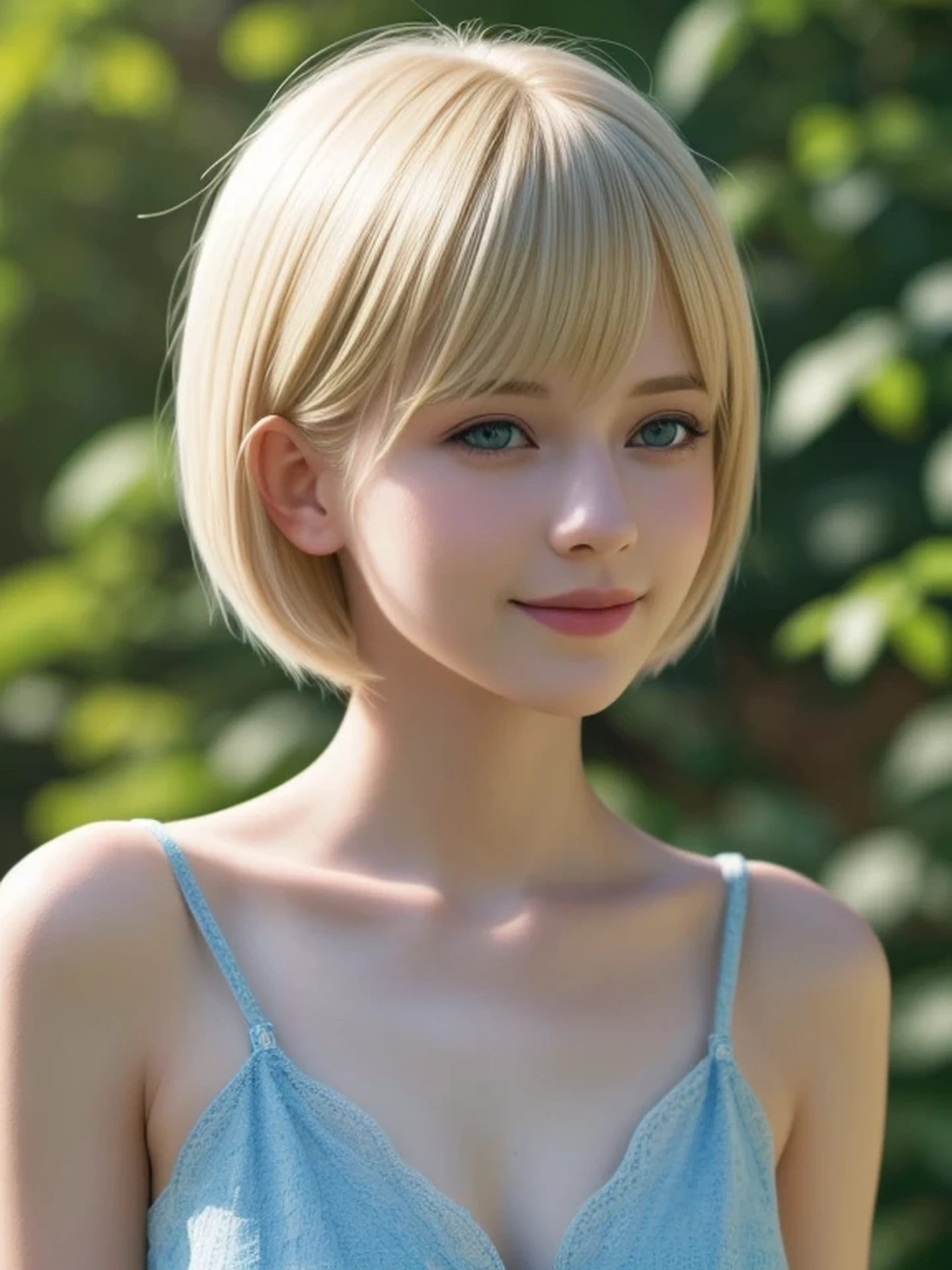 (looking away:1.4), upper body shot, Realistic digital painting of a woman portrait, Shy,  Cute Smile, blue eyes, short hair, (Soft Blonde Hair:1.3), (Highly detailed skin:1.2), Mystical style, Global Illumination,