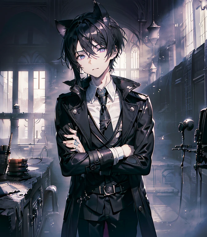 (masterpiece, best quality:1.2), black trench coat, cat ears, purple eyes, White shirt, ((male focus)), ((1boy)), young man, anime style, Manly face, handsome, good face, beautiful eyes, ((portrait)), silver eyes, black hair, medium black Mane With a line in the middle, expressionless, looking at viewer, crossed arms, black hair, ring, Subsurface dispersion, PBR texturing, Anisotropic,Depth of field, Maximum clarity and sharpness, Multilayer textures, Surface shading, Accurate simulation of light-material interaction, Perfect proportions, Octane Render, Two-tone lighting, Wide aperture, Low ISO, White balance, Rule of thirds, (a dark sadow enveloping him),