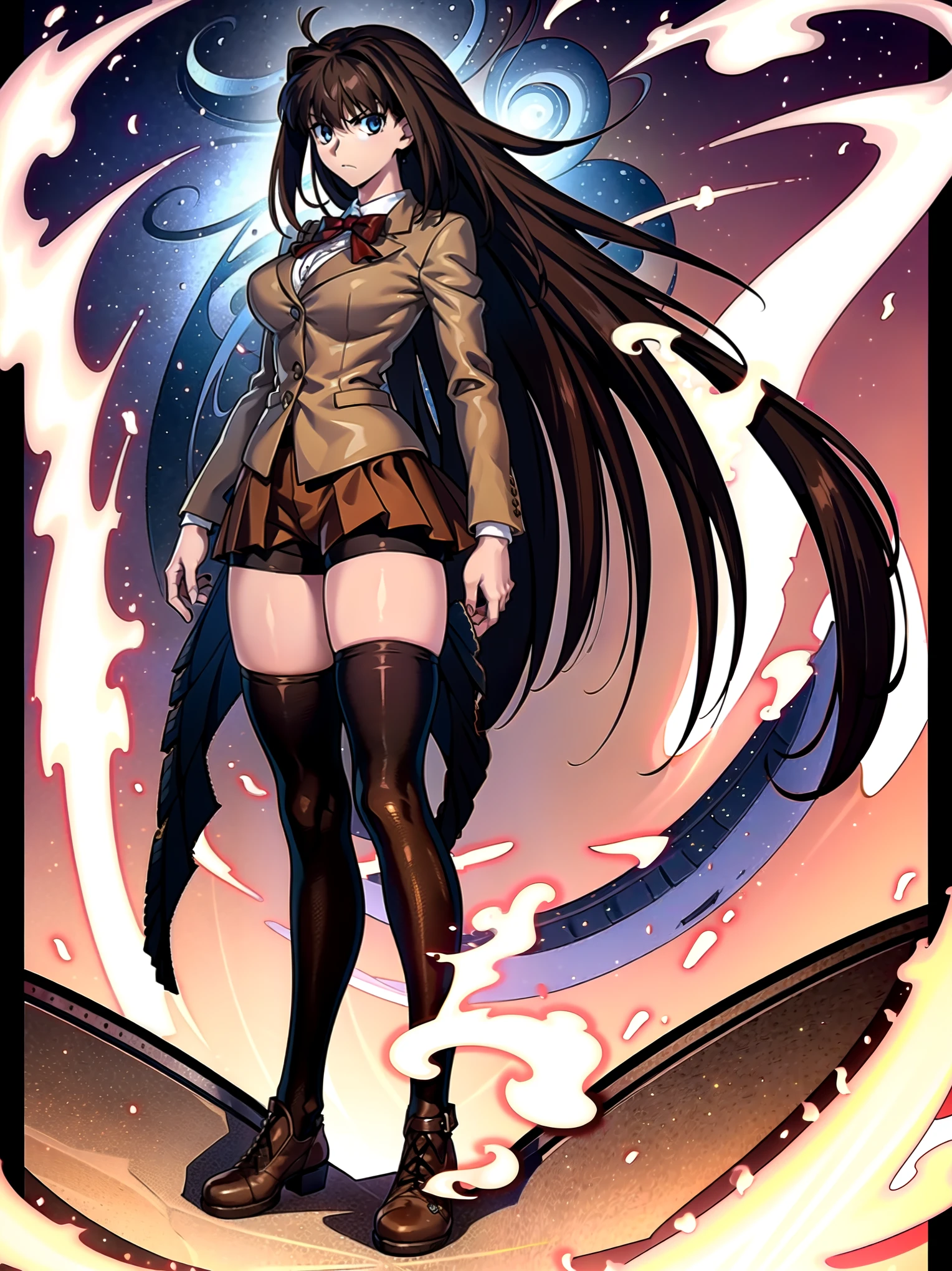 BREAK, centered, BREAK, (EMPTY BACKGROUND), BREAK, (masterpiece), best quality, highest resolution, 8k, illustration, (beautiful detailed eyes:1.5), perfectface, extremely detailed body, CG, perfect hands, perfect anatomy, ((1girl)), ((solo)), (((bbaoko))), ((2 legs max)), ((2 feet max:1.5)), ((swirling vortex shaped longest brown hair:1.5)), (brown longest hair with slightly reddish undertone:1.6), (lush luscious longest brown hair:1.6), (very long voluminous longest brown hair:1.5), serious, blue eyes, red bowtie, (Form-fitting beige blazer:1.5), brown jacket, (highly detailed beautiful face:1.2), (white shirt:1), (well shaped large breasts:1.6), (nice hips:1), pretty legs, ((thigh-high black stockings:1.6)), ((lflowing Umber pleated skirt:1.6)), (((large bike-shorts:1.6))), (toned visible skin thighs:1.6), (strap shoes brown color), (facing front:1.5), ((standing straight:1.5)), ((Fullbody in frame:1.5)), ((Full body:1.5)), (takeuchi takashi:1.3)