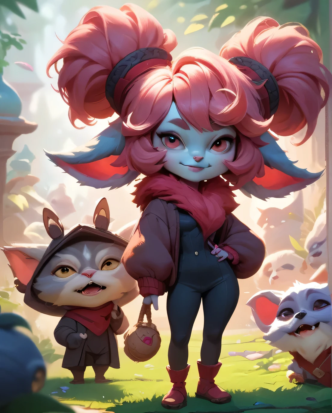 score_9, score_8_up, score_7_up, score_6_up, score_5_up, score_4_up, pink purpple yordle female, a dubious little creature getting up to mischief,cute,pretty,attrative,seminua,4yordles,slender,thin,