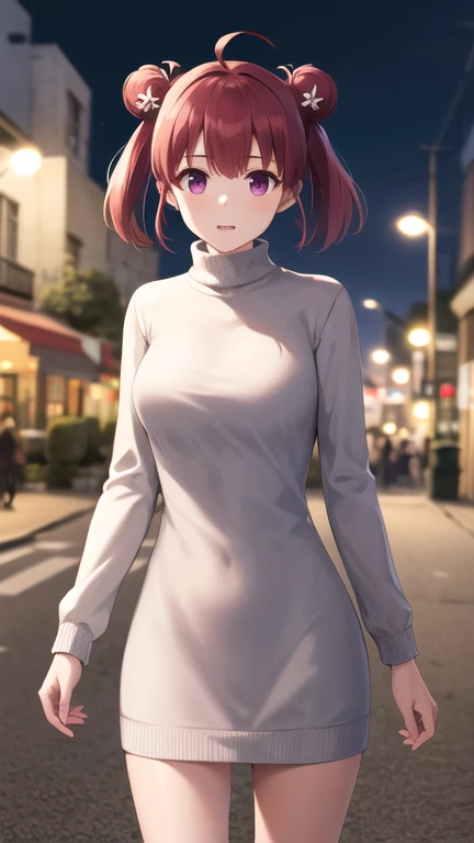 masterpiece, best quality, highres, 1girl, solo, short hair, red hair, short twintails, double bun, ahoge, hair ornament, purple eyes, large breasts, sweater dress, long sleeves, turtleneck, outdoors, street, standing, cowboy shot, night