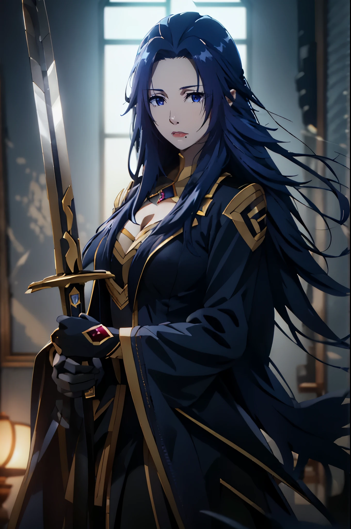 yukinoshita yukino, (long hair, dark-blue hair:1.3), pointy ears, dark-blue eyes, sweating, glowing eyes, heavy breathing, female focus, sword, holdings sword, haori, standing, hair flowing over, indoors, (shaded face:1.2), hollow eyes, dark-blue eyes, looking at viewer, expressionless, lips, 