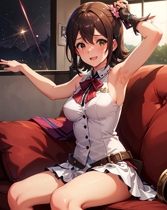 One Girl, Mirai Kasuga, ((Browsing Caution)), Big Breasts,  Off the shoulder, White idol costume, White ruffle skirt, ((Lift up your shirt)), Heterosexual, ((gang rape, Two boys)), Nipples, smile, Embarrassing, Open your mouth, blush, Sweat, Sitting on the couch, ((Please stretch your legs and rest.........)), ((Spread your legs)), Grab your knees, vagina, From below,  (Embarrassing:1.1), (blush:1.2), (orgasm:1.2), charm, (shout:1.1), (Move a row:1.1), Sweat, Heavy breathing, Expansion Division, penis, Sex, Sex with men, night,On the sofa, pillow, break, (highest quality, 8k, masterpiece, Very detailed:1.2), (Lens flare, Particles of light, Shine), Shiny skin,  Very detailedなCG, wonderful, Official Style, Ultra-fine illustrations, In detail, Complex, Complex details, Very detailedなCG unity 8k wallpaper 