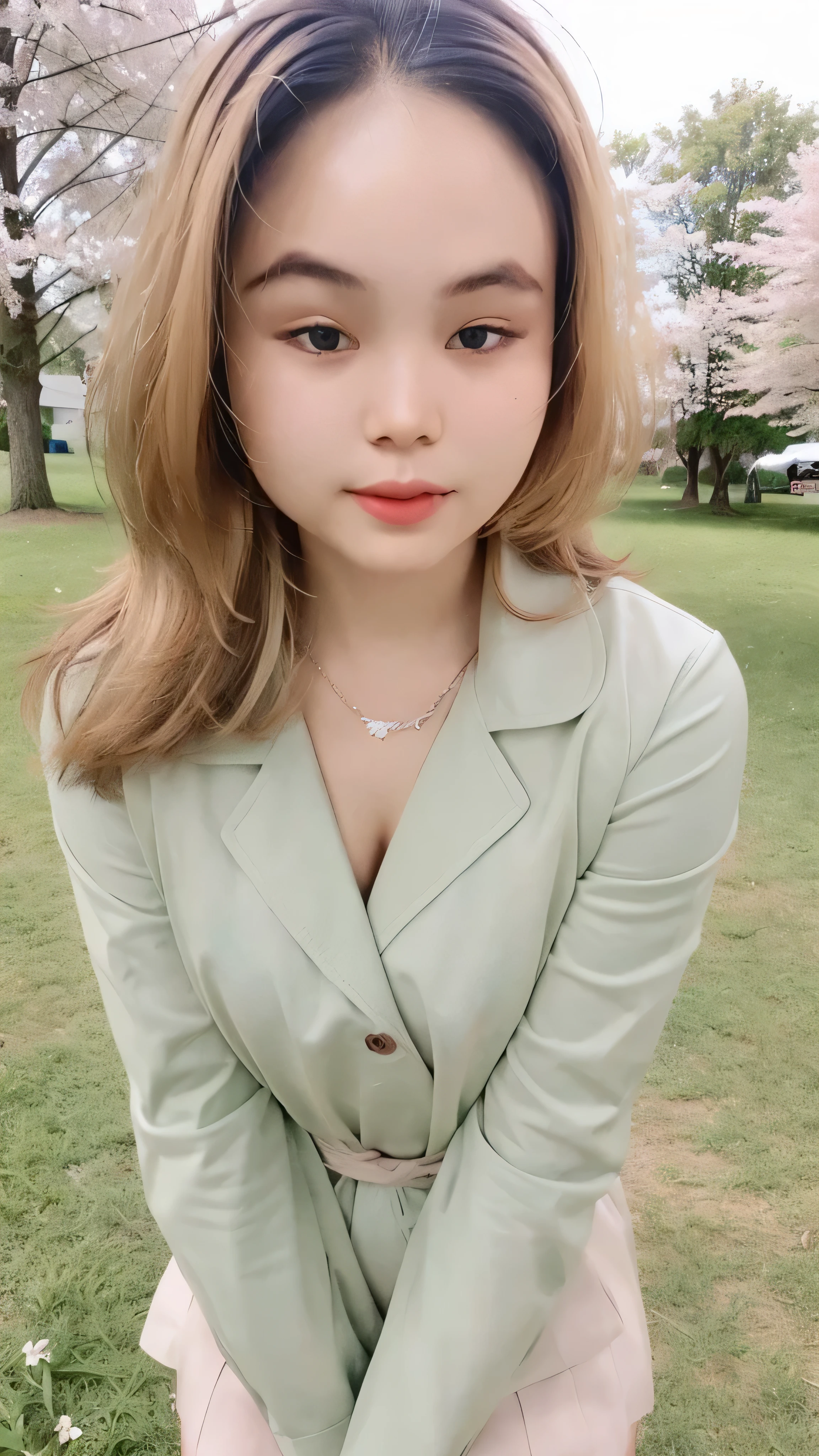 (super highest quality:1.3) (very realistic, Photoreal:1.3), (sharp focus:1.3), (Realistic and very high quality:1.3). (high resolution/High resolution:1.3), very delicate and beautiful, soft light, (brown hair, Shoulder-length straight bob hair sways in the wind), beautiful detailed girl, highly detailed eyes and face, beautifully detailed nose, thin and beautiful eyes, 1 girl, Pure beauty, cute, young, (smaller and flat chest), realistic face, realistic body, beautiful thigh, open shirt, mini skirt, cherry blossom background