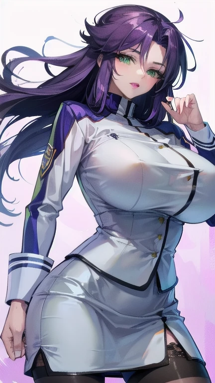 (masterpiece, best quality:1.3), ultra high res, absurd res , photography , intricate details , hyper detailed , perfect anatomy , purple hair,green eyes, front , cowboy shot, pblieri, beautiful face , beauty face , detailed face , detailed eyes , bright pupils , long eyelashes , lipstick, big breasts , wide hips , purple and white uniform, turtleneck , white skirt, lace , black thighhighs, makeup ,sci fi background,,pbLieri, purple and white uniform, white skirt, large breasts, black thighhighs