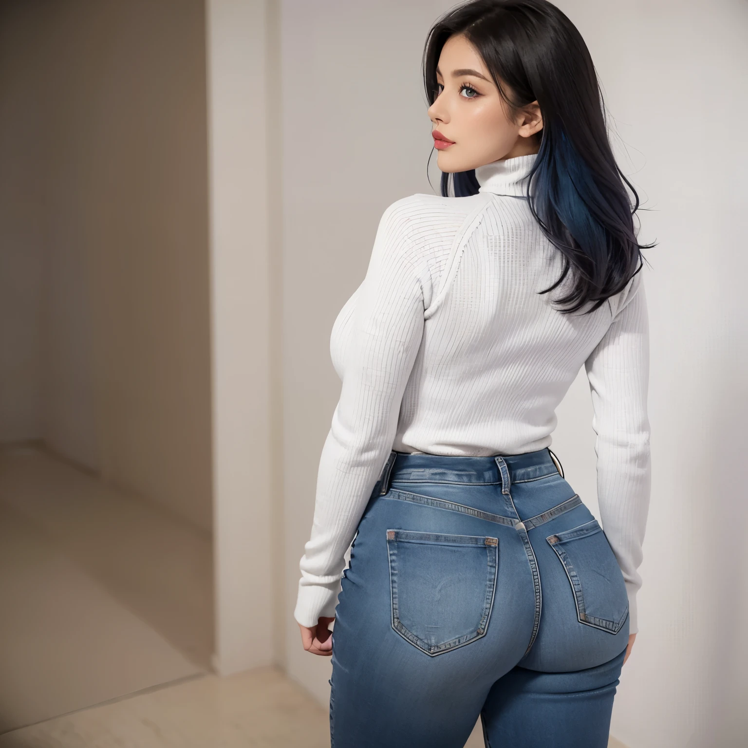 best quality, 1girl, blue hair, purple eyes, from behind, back, brown sweater, turtleneck, smug, white sleeves, looking at viewer, looking back, back, curvy, mature female, denim, medium hair, raglan sleeves white sleeves, BREAK, source_anime, score_9, score_8_up, score_7_up