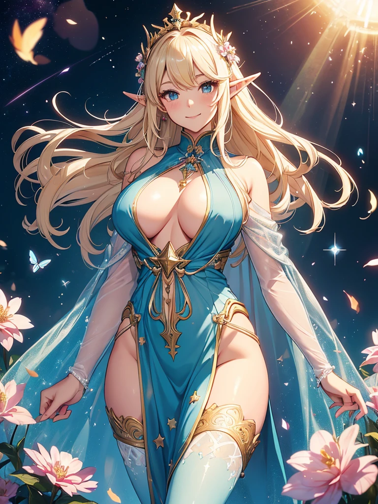 最high quality、1 womanエルフ NP: Worst quality ,Flower fractal art Marble pillar、sunrise、Beautiful radiance,High-definition depiction, Realistic, 8k, Unity, Wide Shot, light smile, Beautifully and vividly drawn, , Beautiful, beautiful, clear skin、sexy ((see-through bodystocking,))Countless rays of light pouring down, Swirling Light, big background, Raise one arm above your head, Intense light is emitted from the magic circle in front of the girl.
Romanticism,Cowboy Shot: The most beautiful form of chaos, Mr..々color, Intertwined flowers, Particle,magical gentle light,smile,sexy,image quality、masterpiece、Beautiful Face、Super beautiful elf woman((Big breasted 22 year old office lady、Nipples、Bust 90,Beautiful long ironed hair、blonde、height: 165cm。、sexy、Esbian、、high quality、、background((Star Narski)))、Starry Sky、Visual art、Written boundary depth、、Elf Ears、、universe、Happy smile、Gentle light、Elf forest、elegant、ticker beautiful decorative、、magic、forest、Beautiful tiara、Beautiful bed、Beautiful Landscape、A kind smile、wonderful、Fluttering petals、Dance happily、、Cultivate fantasy、、Mystery light Lots of flowers、、art、art,mystery,Ultra-high resolution,atmosphere