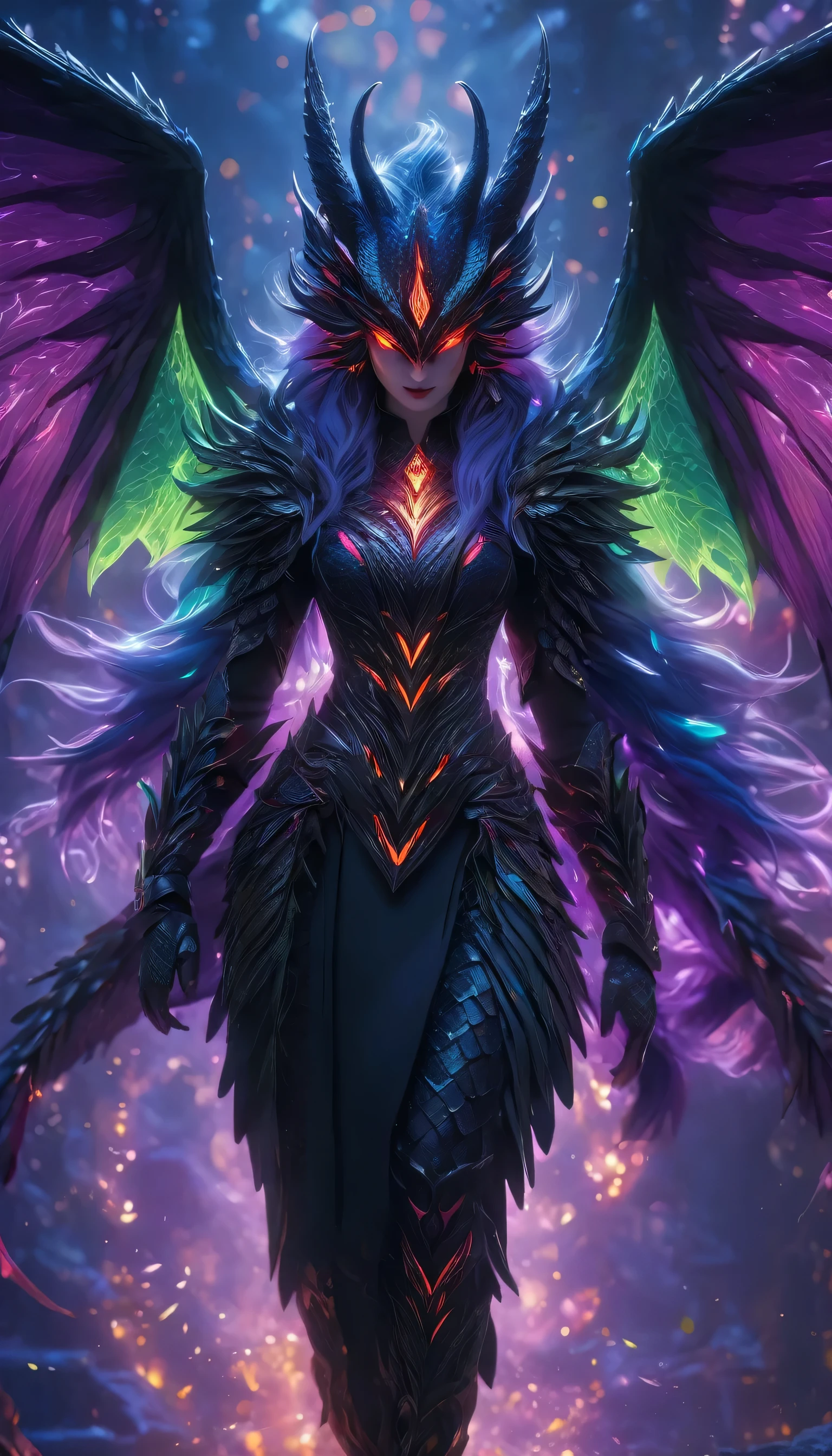 Masterpiece, best quality :1.3), ultra-detailed, intricate, 8k, HDR, wallpaper, dynamic action, colorful color scheme, ((full body, looking into the camera)), Dragon Woman, (detailed red eyes, scale-covered face, jagged mouth), dead scales, black, purple, neon green, ominous glow, glowing, ghostly fire-colored eyes, wing patterns reminiscent of interlocking computer code, bone fragments protruded from the wings, Eerie auras, glowing runes, sharp claws, spectral hues, drifting lights, mythical creatures, dragon ears