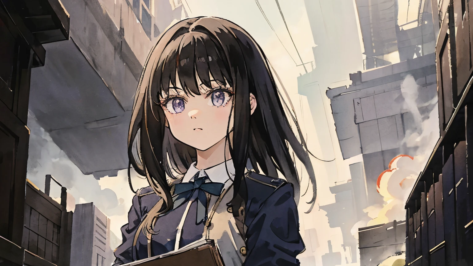 A beautiful and cute girl with a menacing gaze, One Girl, alone, Long Hair, Black-haired,Purple eyes, My hair is messy, ロングヘアのbangs, Beautiful fine details, View Viewer, Expressionless, Mouth closed, Portraiture, bangs, Dark blue uniform,Dress shirt,Tie the ribbon, Upper Body,Bad boy, Small breasts, Backlight, Beautiful lightning,whole body,Owns a book