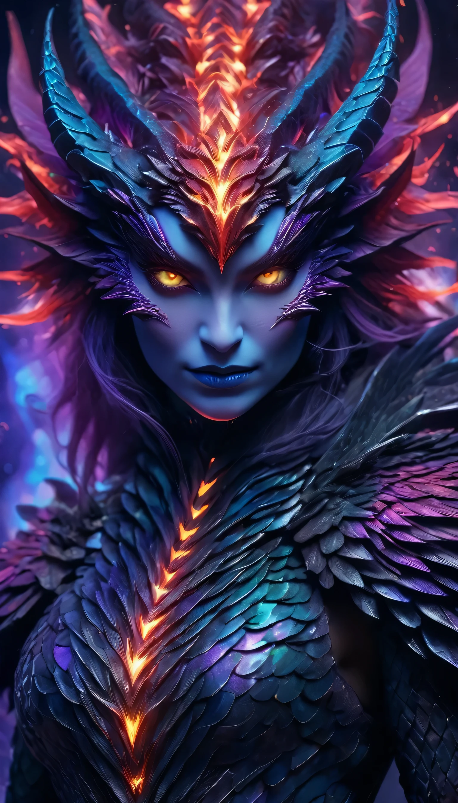 Masterpiece, best quality :1.3), ultra-detailed, intricate, 8k, HDR, wallpaper, dynamic action, colorful color scheme, ((full body, looking into the camera)), Dragon Woman, (detailed red eyes, scale-covered face, jagged mouth), dead scales, black, purple, neon green, ominous glow, glowing, ghostly fire-colored eyes, wing patterns reminiscent of interlocking computer code, bone fragments protruded from the wings, Eerie auras, glowing runes, sharp claws, spectral hues, drifting lights, mythical creatures, dragon ears