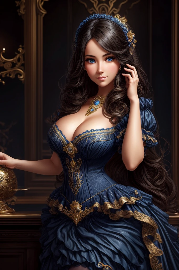 Cute Barmaid ((vantaclack Haired Woman, Hairlong)), Perfectly Round Face. Beautiful Cute Face, Big Beautiful Female Lips, Charming Beauty, ((Kind Expression On His Face)), ((Big Beautiful Detailed Blue Eyes)), Thin Waist, Wide Hips ((Frilly Dark Blue Dress,)) (Higly Detailed)),Official Art, Award Winning Digital Painting, Digital Illustration, Extreme Detail, 4k, Ultra Hd, Rococo, Polished, Intricate, Realistic Fantasy Art, Sharp Focus, Concept Art, Art By Wlop, Artgerm, (2d Vector Illustration) Light, Airy, HourGlass Figure. Stunning Olivia Munn, And Gemma Chen