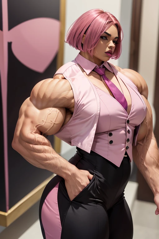 (Massive, beautiful, buff, brown skinned muscular woman with shocking pink hair, red eyes, black lipstick, ginormous bulky muscles), (((pink three-piece suit))), necktie, blazer, (((pink suit jacket))), (((waistcoat))), double-breasted waistcoat, pencil skirt, pencil skirt, tie clip, pocket square, pocket watch, pantyhose, high heels, (close view), (massive muscles), hyper muscles, angled bob cut, in an apartment, 