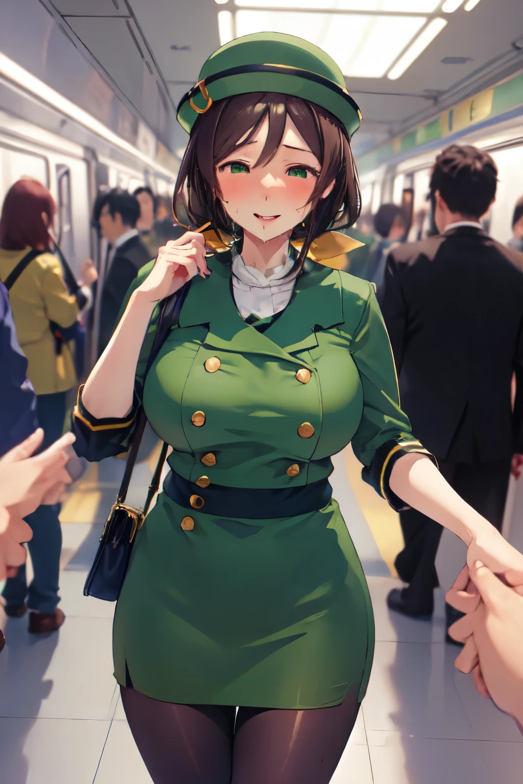 masterpiece, highest quality, 1 person,( Large Breasts, Are standing, View Audience),Detailed Background、A person who writes in detail、Accurate human body、Knowledgeable person、Five correct answerature Woman,Thick thighs,cruvy body,solo,hayakawa tazuna, Low Ponytail, Green hat, Green jacket, Green Skirt,Black Pantyhose、Short tight skirt、dripping pussy juice、Train molester,My chest is grabbed from behind、Being molested、Pretending not to know、男性の腕がMature Womanのおっぱいを掴む、(Mature Womanの後ろにたくさんの男性がAre standing)、Crowded train