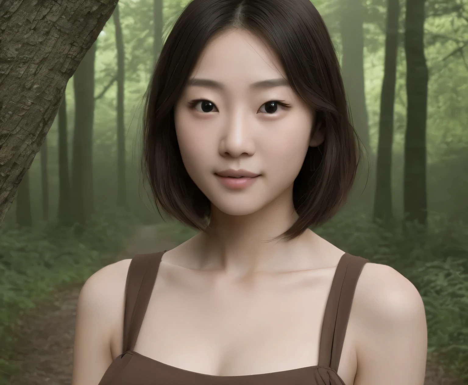 (masterpiece,High resolution,high quality,16k),(Beautiful and realistic Japan people、Beautiful girl in a brown dress standing in a dark forest), Magnificent style, Octane Rendering, Spooky Forest, Beautiful Face, Surreal, Son of God:1.3, Glamorous Body:1.4、realism, masterpiece, Art at its finest., Clear Eyes,Short Bob、Perfect Anatomy、Beautiful body、Beautiful Skin、In the work「Sukaze」Logo Insertion、