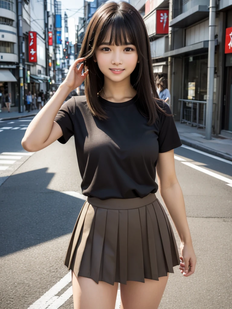 (8k, RAW Photos, highest quality, masterpiece:1.2), (Realistic, photo-Realistic:1.4), (Highly detailed 8k wallpaper), ((Full Body Shot)), (1 girl), Sharp focus, Depth of written boundary, Cinematic lighting, Soft Light, Eyes of delicate beauty, Realistic, photo Realistic, Highly detailed cute girl, (Thin thighs), (Model Body Type), 18-year-old, (Camouflage short-sleeved T-shirt), (Black micro mini pleated skirt), (smile), Parted lips, Watching the audience, (On the streets of Tokyo) , (Brown Hair),（Long Bob Hair), (Asymmetrical bangs)