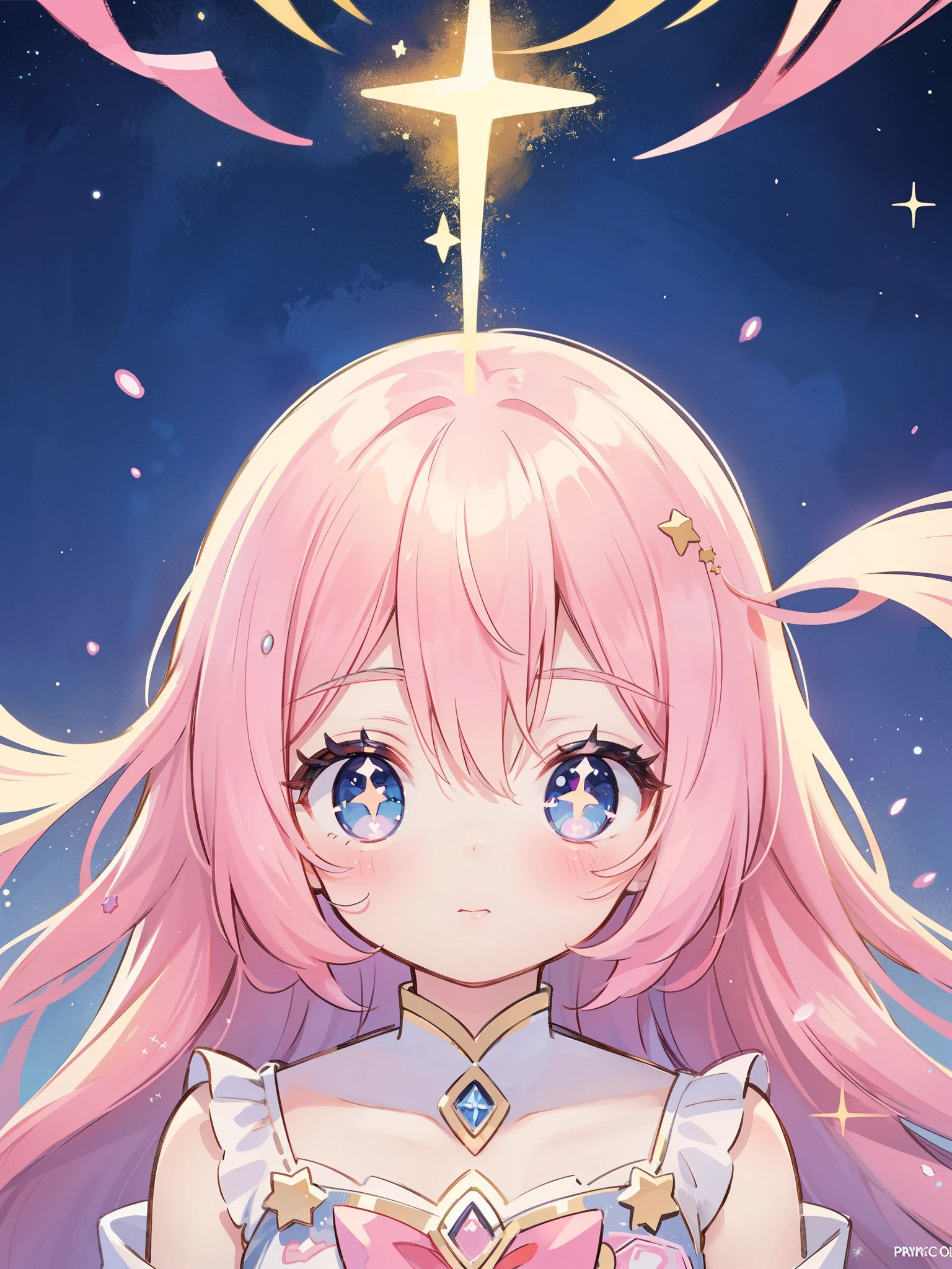 complex background, wishing star background, magical girl wearing an ethereal mystical pink translucent dress that reflects the stars, close up, sparkling detailed eyes, golden ratio face, perfect composition, perfume promo art, mystic, complex drawing, highly detailed, Covergirl brand, promo art, artistic rendition, ethereal, starry night, midjourney style