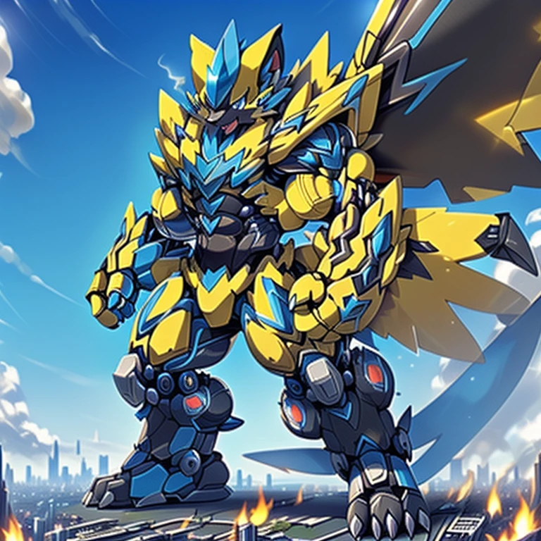 (dominating zeraora. Zeraora is over 1000 meters long. giant mechanical Muscular Zeraora is trampling the city. Looking down. macro. stomp) 
(smoke and flames rising from the destruction in the city)

Additional details 1: (masterpiece. official art. 8k. best quality) (high-tech bio-mecha armor. real texture material. whole body shines like metal. Wearing cyberpunk mecha. emphasizes the muscles. suit fully made of metal. intricate armor. Robotic suit. suit fully made of metal. cyborg. Powered exoskeleton with the same design as Zeraora). 

Additional details 2: (gigantic muscles. HYPER MUSCLES. Gigachad Muscular. big muscle. pecs. triceps. traps. unusually developed muscular body. body full of huge muscles. showing off muscles. pectorales enormes. Exaggeratedly huge muscles.).  (Additional details 4: giant zeraora. Zeraora's giant robot. gundam.)
(Additional details 5: wearing a full-face helmet. a fantasy-style biomecha armored combat suit. composite layered chest armor, 
fully enclosed shoulder guards, hero in anime style, perfect body proportions, golden ratio)

Additional details 3: (Spread wings. It has wings. have big wings. golden wings). 

Additional details 4: (giant zeraora. Zeraora's giant robot. ). gundam.