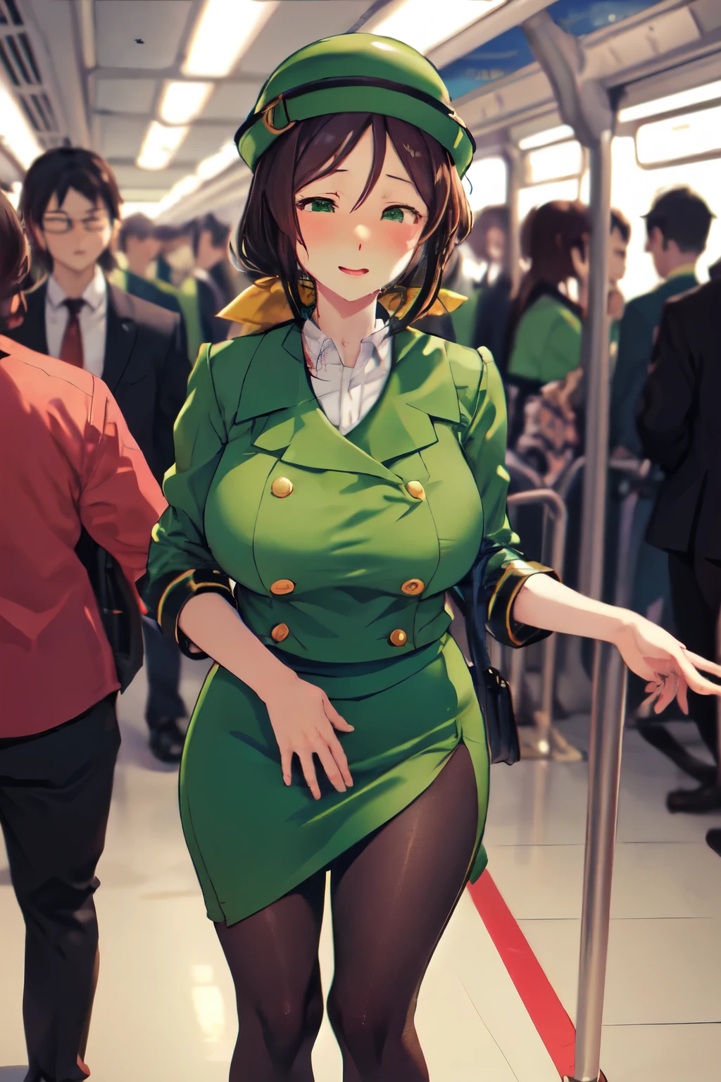 masterpiece, highest quality, 1 person,( Large Breasts, Are standing, View Audience),Detailed Background、A person who writes in detail、Accurate human body、Knowledgeable person、Five correct answers、(Mature Woman,Thick thighs,cruvy body,solo,hayakawa tazuna, Low Ponytail, Green hat, Green jacket, Green Skirt,Black Pantyhose、Short tight skirt、Being molested、Pretending not to know)、((男性の腕がMature Womanのおっぱいを掴む))、(Mature Womanの後ろにたくさんの男性がAre standing)、Crowded train、Narrow train、Cuckold、netorar sexe