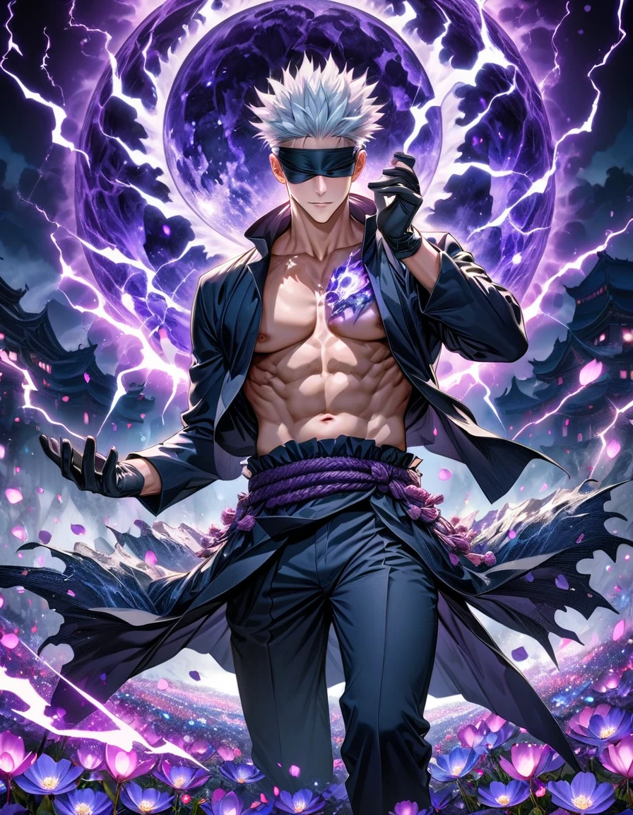 Ultra detailed, highres, absurdres, HDR, master piece, Gojo Satoru, white hair, blindfolded eyes, Jujutsu Kaisen, fantasy, petals, purple flowers, toned chest, black gloves, handsome, sexy man, solo, black clothes, magic, purple fireflies, purple moon, best quality, extremely detailed face, purple lightning