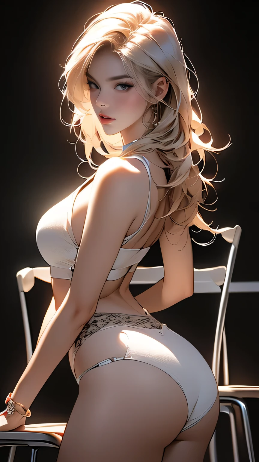 A woman wearing a bikini set, Black and white bikini set, (((Bold pose using a chair))), ((Micro Panties)), Camel Toe, Blonde Short Hair, (front:1.5), (From below), (Beautifully detailed eyes), (Beautifully detailed face), (Very detailedな顔), ((Very detailed hand drawing:1.5)), ((Thick thighs)), (Beautiful body), (Wall thickness), (Pin spot on black background), (Gentle light), (Written boundary depth), (Very detailed), (Realistic))), 8k, wallpaper, masterpiece, 最high quality, high quality, High resolution、sexy, Portrait