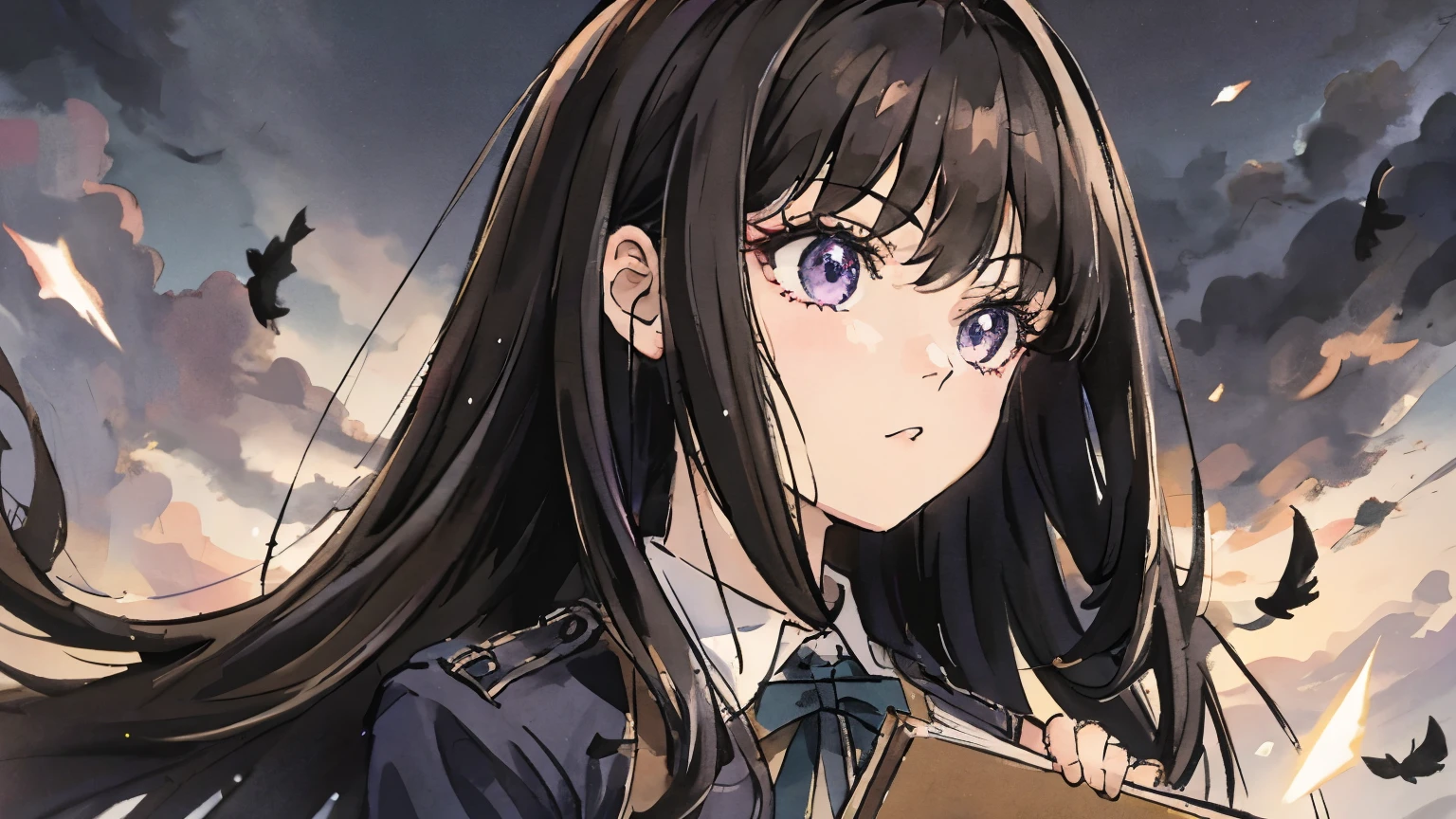 A beautiful and cute girl with a menacing gaze, One Girl, alone, Long Hair, Black-haired,Purple eyes, My hair is messy, ロングヘアのbangs, Beautiful fine details, View Viewer, Expressionless, Mouth closed, Portraiture, bangs, Dark blue uniform,Dress shirt,Tie the ribbon, Upper Body,Bad boy, Small breasts, Backlight, Beautiful lightning,whole body,Owns a book