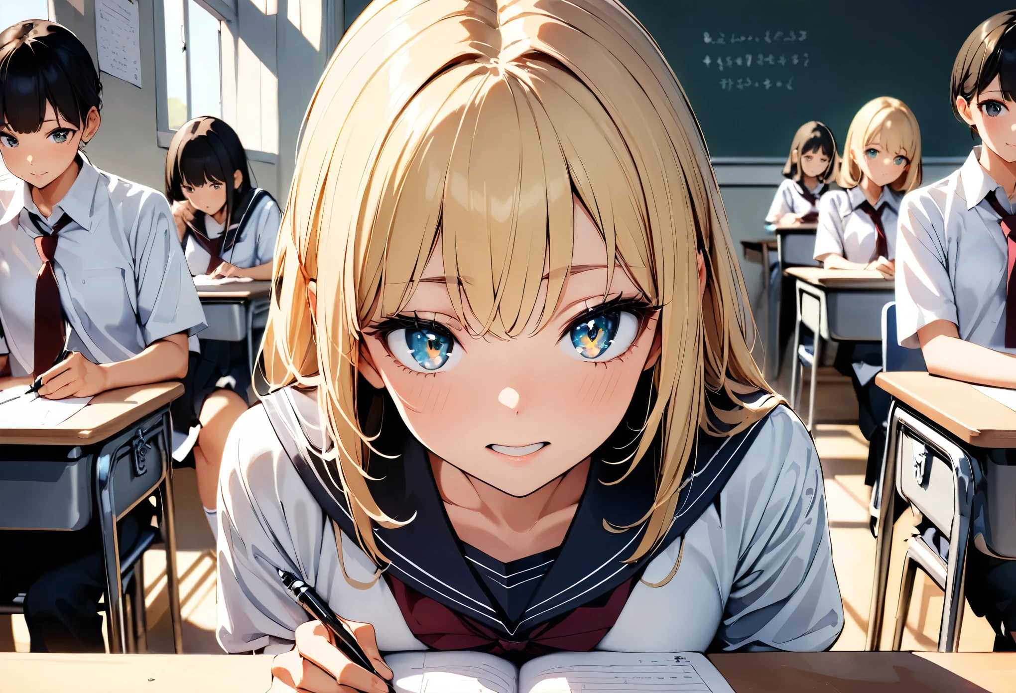 (highest quality:1.2, 4K, 8k, Very detailed, High detail, masterpiece:1.2, highest quality, Best aesthetics), High school girl taking exam, Classroom interior, With a pen, Fine desk, Pencil and paper, Focused facial expression, blackboard, Natural light, Warm colors, Cinematic composition, ((Beautiful detailed eyes, Beautiful eyes, Beautiful detailed lips, Very detailedな目と顔, Long eyelashes)), Desks lined up neatly and several students taking exams:1.2, line up in the same direction.