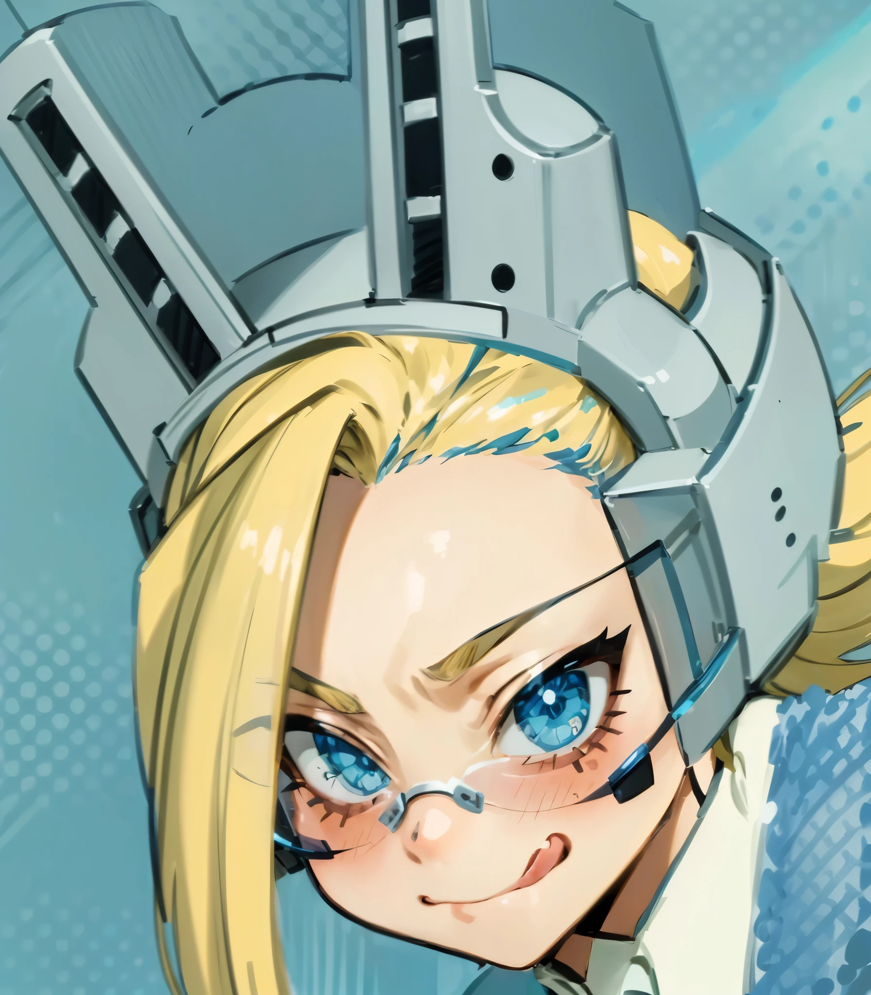 [Ryuko Tsuchikawa], [Pixie-Bob], [My Hero Academia], ((masterpiece)), ((HD)), ((high res)), ((solo portrait)), ((bust portrait)), ((front view)), ((detailed shading)), ((intricate details)), {slim attractive figure, cute blue eyes, long blonde hair, short eyelashes}, {(hero costume, white shirt collar, bell around neck, metal headwear, blue visor eyewear}, {(tongue stuck out)}, {(dynamic), (looking at viewer)}, [blue background, ambient lighting]