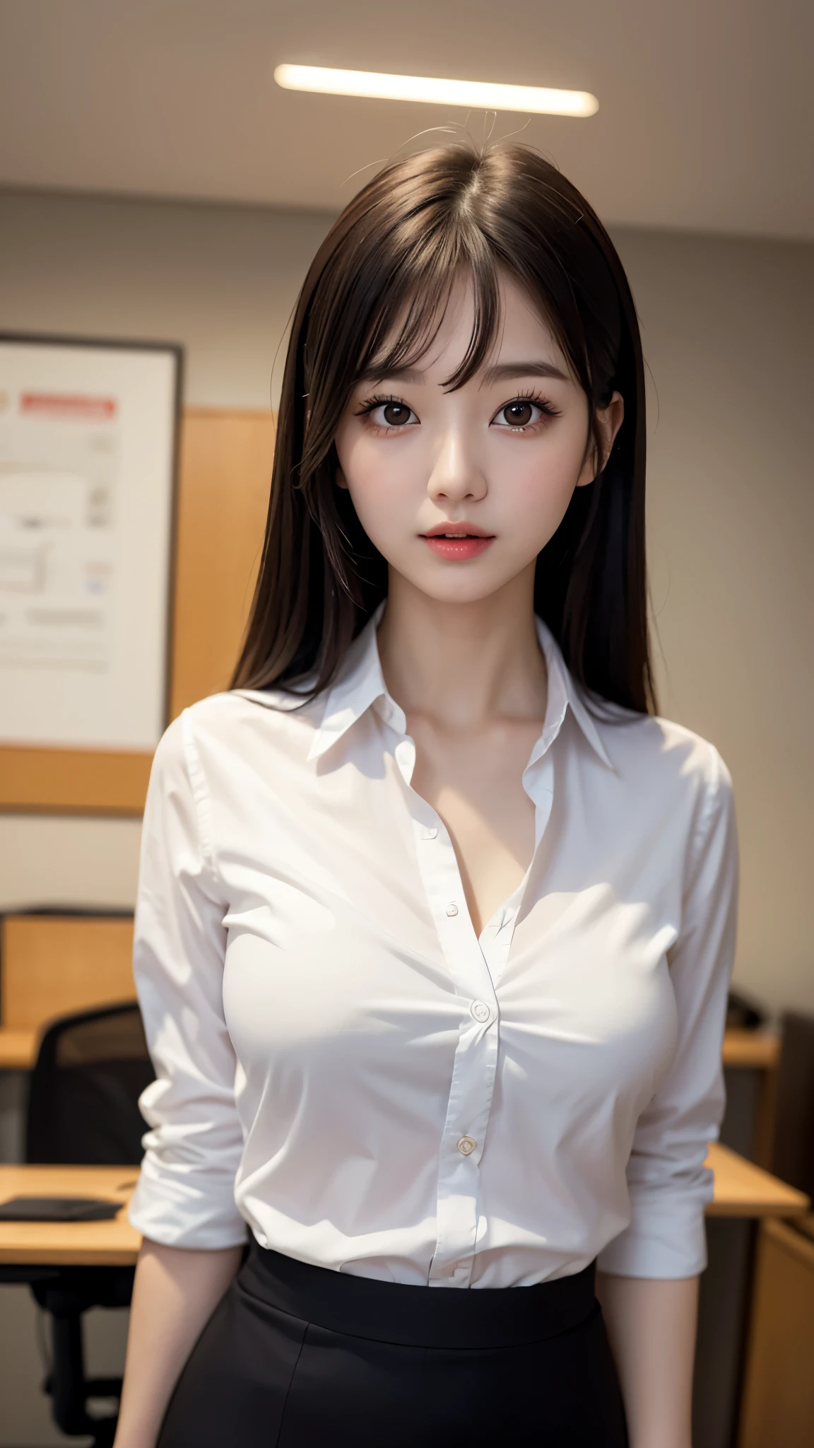 Japanese women、office lady、19 years old, Anatomically correct, Perfect Anatomy, very cute, beautiful, (suit, White collarless shirt、Pencil Skirt:1.2), ((Embarrassing:1.3)), blush、(office:1.1), (highest quality:1.3)、Best lighting、High resolution、(8k, High resolution:1.2), (photograph, Realistic:1.2)、The face is in focus、(Concentrated, Symmetrical pupils:1.2)、beautiful肌、Natural Makeup、Gloss lips, High-definition hair texture, (View Viewer:1.2), (Half Up:1.3), (Multiple Angles:1.2), (medium breast), (Place your hand on your chest), Thighs