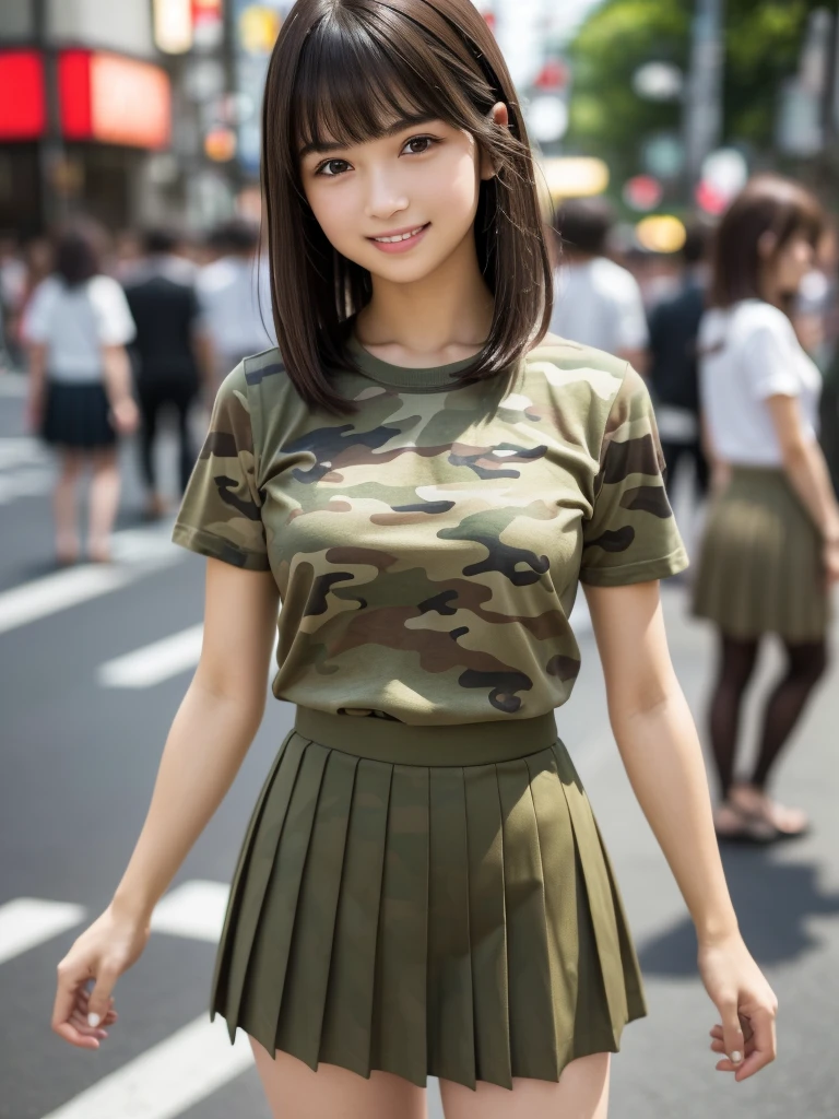 (8k, RAW Photos, highest quality, masterpiece:1.2), (Realistic, photo-Realistic:1.4), (Highly detailed 8k wallpaper), ((Full Body Shot)), (1 girl), Sharp focus, Depth of written boundary, Cinematic lighting, Soft Light, Eyes of delicate beauty, Realistic, photo Realistic, Highly detailed cute girl, (Long, slender legs), (Model Body Type), 18-year-old, (Camouflage short-sleeved T-shirt), (Khaki Micro Mini Pleated Skirt), (smile), Parted lips, Watching the audience, (On the streets of Tokyo) , (Brown Hair),(Long Bob Hair), (Asymmetrical bangs)