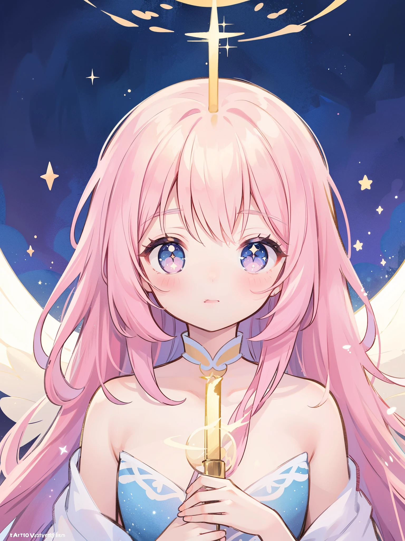 complex background, wishing star background, magical girl wearing an ethereal mystical pink translucent dress that reflects the stars, close up, sparkling detailed eyes, golden ratio face, perfect composition, perfume promo art, mystic, complex drawing, highly detailed, Covergirl brand, promo art, artistic rendition, ethereal, starry night, midjourney style