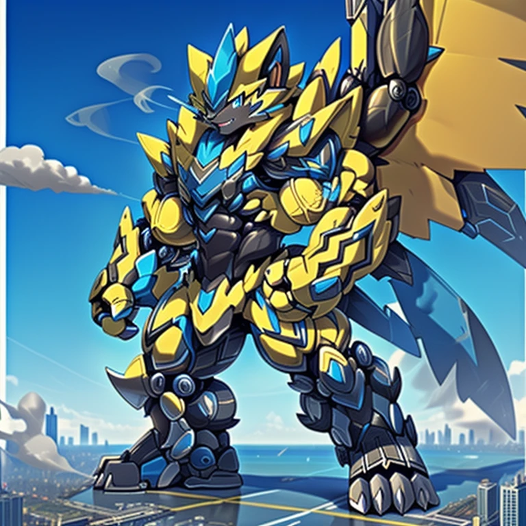 (dominating zeraora. Zeraora is over 1000 meters long. giant mechanical Muscular Zeraora is trampling the city. Looking down. macro. stomp) 
(smoke and flames rising from the destruction in the city)

Additional details 1: (masterpiece. official art. 8k. best quality) (high-tech bio-mecha armor. real texture material. whole body shines like metal. Wearing cyberpunk mecha. emphasizes the muscles. suit fully made of metal. intricate armor. Robotic suit. suit fully made of metal. cyborg. Powered exoskeleton with the same design as Zeraora). 

Additional details 2: (gigantic muscles. HYPER MUSCLES. Gigachad Muscular. big muscle. pecs. triceps. traps. unusually developed muscular body. body full of huge muscles. showing off muscles. pectorales enormes. Exaggeratedly huge muscles.).  (Additional details 4: giant zeraora. Zeraora's giant robot. gundam.)
(Additional details 5: wearing a full-face helmet. a fantasy-style biomecha armored combat suit. composite layered chest armor, 
fully enclosed shoulder guards, hero in anime style, perfect body proportions, golden ratio)

Additional details 3: (Spread wings. It has wings. have big wings. golden wings). 

Additional details 4: (giant zeraora. Zeraora's giant robot. ). gundam. (Additional details 5: wearing a full-face helmet. a fantasy-style biomecha armored combat suit. composite layered chest armor, fully enclosed shoulder guards, hero in anime style, perfect body proportions, golden ratio)