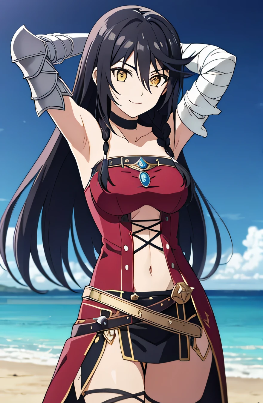 (masterpiece, best quality, detailed), 1girl, solo, looking at viewer,  velvet_crowe, long hair, very long hair, medium breasts, choker, bandages, black choker, hair between eyes, bandaged arm, braid,
armor, breastplate, armored dress,  bodysuit, belt, gloves, shoulder armor, solo, (cowboy shot:1.5), beach, night sky, arms behind head, spread armpits, midriff, contrapposto, smile, closed mouth,