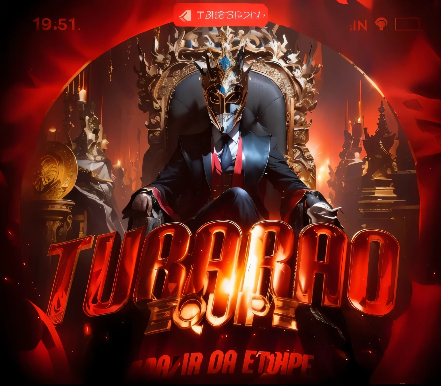 a man in a mask sitting on a throne, riches around him, written very large BONDE INFILTRADO