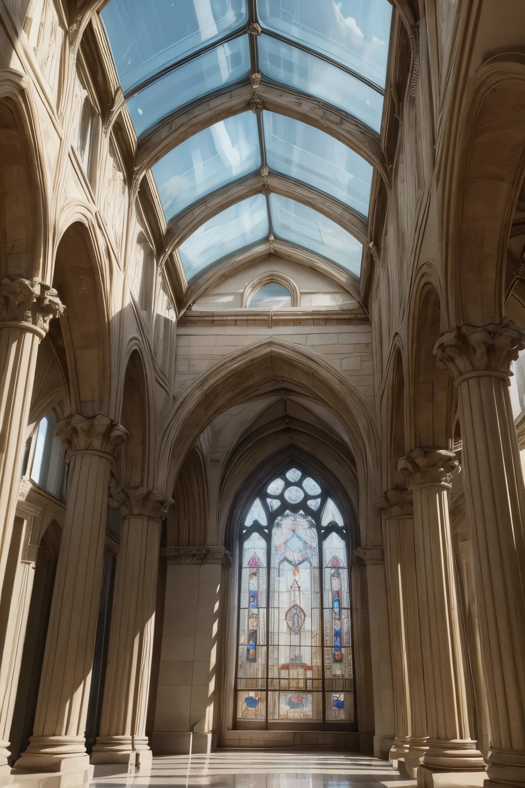 Make this Stone base with geometric decorations Arches and columns of the main body Windows with stained glass and symmetrical details Glass and steel roof