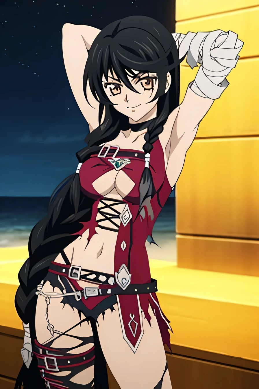 velvet crowe, 1girl, bandaged arm, bandages, bangs, black choker, black hair, braid, breasts, brown eyes, choker, cleavage, closed mouth, collarbone, hair between eyes, hair over shoulder, long hair, looking at viewer, medium breasts, single braid, solo, torn clothes, underboob, very long hair, yellow eyes, (cowboy shot:1.5), seductive smile, beach, night sky, more seductive please velvet, arms behind head, spread armpits, midriff, contrapposto, smile, velvet crowe regular outfit