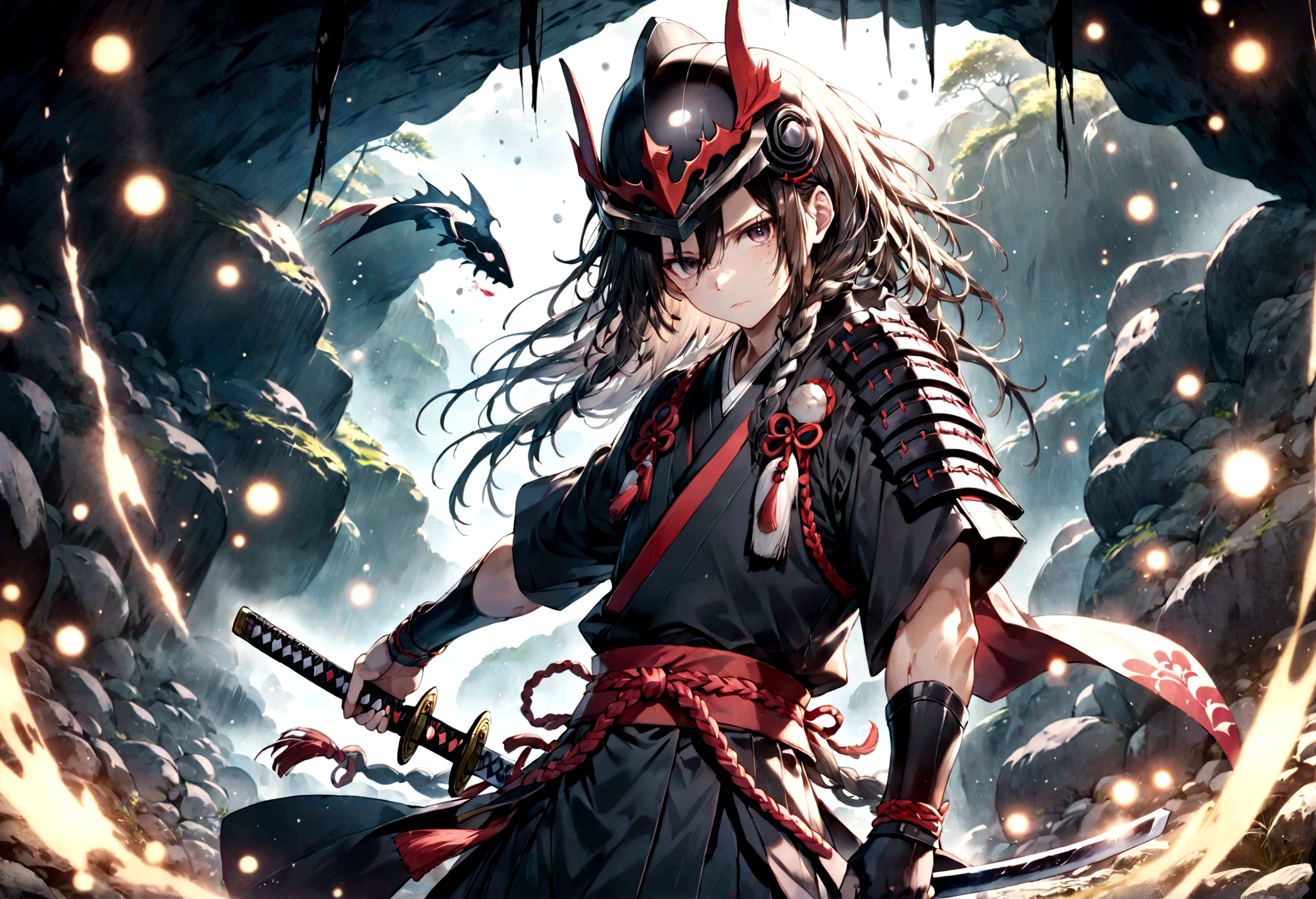 1Man,fight,dramatic Actionscene,dreadlock hair,holding Katana,sword,ancient japanese armor,blody armor,blood,blody,kabuto helmet,half piece armor,japan,looking down at viewer,inside Cave background,Cave,Bat,Dark scene, (masterpiece), (best quality), (ultra-detailed), very aesthetic, illustration, disheveled hair, perfect composition, intricate details, cinematic still, emotional, harmonious, vignette, highly detailed, high budget, bokeh, cinemascope, moody, epic, God ray, film grain, grainy