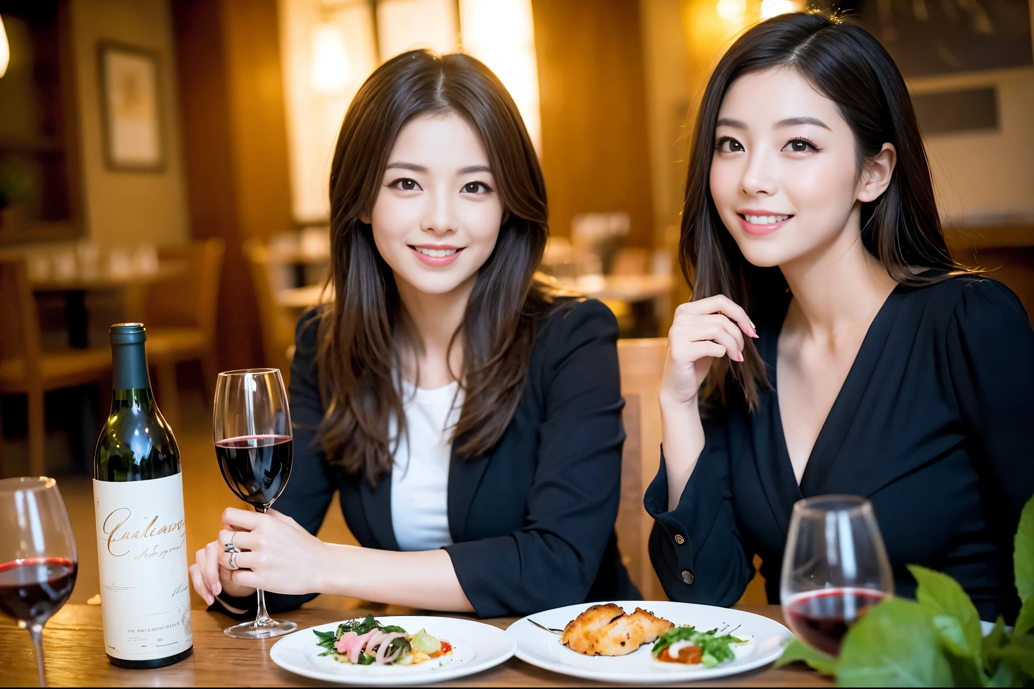 ((highest quality、8k、masterpiece:1.3))、1 male 1 female、Satomi Ishihara-like beautiful couple、Lovers、Couple、The body is slim、full-course dinner、Wine glass on the table、Shine light on your face、 Amazing view of the sunset sky and clouds、A bright smile、The wonderfulness of smile、Bright image、 short hair,Bright Face、 (Age 37), "41 years old, red wine 、Appetizers、Italian food、Wine bottle、Champagne、sparkling wine、Two beauties、Brown Hair、Shortcuts、Long sleeve shirt、dress、Pretty Woman 1, (Slim face), (The body is slim), (Brown Hair), (Shortcuts), cheeks turn a little red,Attractive beauty、restaurant, In a prominent place (From the waist up) Nova Frog Style, actress, model, Upper Body, White wine, slim, wine glass, A wine glass placed in the center, smile, (smile: 1.15), Beautiful fine grain, Depth f/2,saturation, High Contrast, Strong light and shadow,Moist Body:1.5、3D texture、Delicate eyes、Brown Hair、The hair is very shiny、