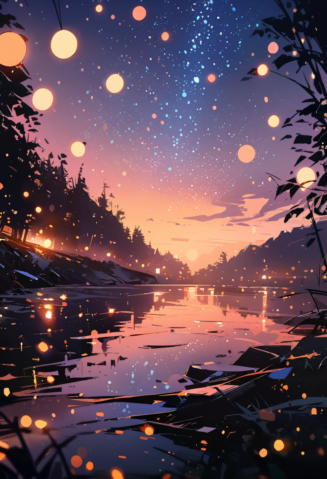 (Close-up shot:1.5), Night forest glade background, (evening), moonlight, Starry Sky, sparkling, afternoon, Bokeh, (Art by Jeremy Mann and Edvard Munch), Beautiful composition, Complementary Color, masterpiece, Awards