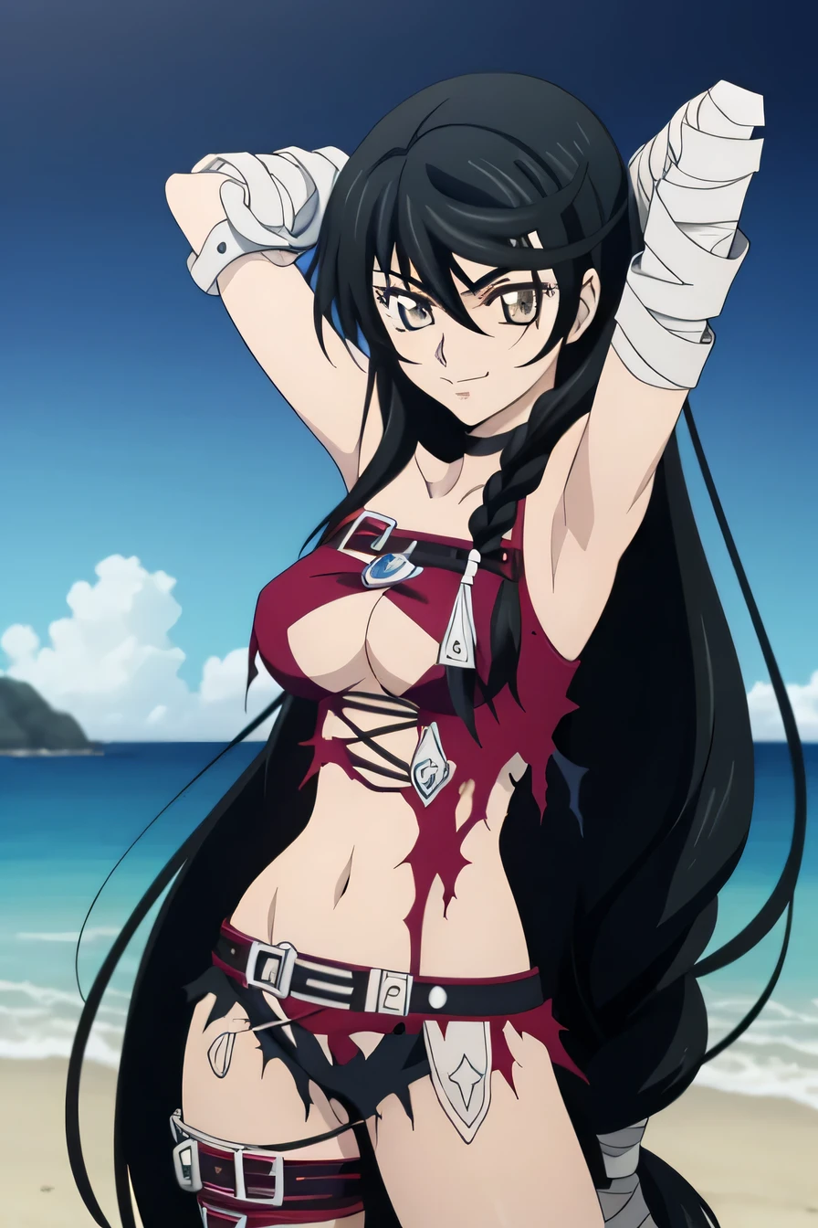 velvet crowe, 1girl, bandaged arm, bandages, bangs, black choker, black hair, braid, breasts, brown eyes, choker, cleavage, closed mouth, collarbone, hair between eyes, hair over shoulder, long hair, looking at viewer, medium breasts, single braid, solo, torn clothes, underboob, very long hair, yellow eyes, (cowboy shot:1.5), seductive smile, beach, night sky, more seductive please velvet, arms behind head, spread armpits, midriff, contrapposto, smile, velvet crowe regular outfit