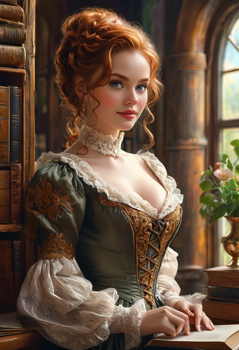Beautiful Woman, Old West School Teacher, Full Lips, Auburn Hair Intricately But Loosely Braided. Deep_cleavage, Massive Chest. Detailed Beautiful Eyes, Pencil-Thin Waist, Wide Hips. Historically Accurate 1870s Old-West Frontier Dress. With Books. Gorgeous Smile, HourGlass Figure, Official Art, Award Winning Digital Painting, Digital Illustration, Extreme Detail, 4k, Ultra Hd, Rococo, Polished, Intricate, Realistic Fantasy Art, Sharp Focus, Concept Art, Art By Wlop, Artgerm, (2d Vector Illustration) Stunning Combination Anna Popplewell
