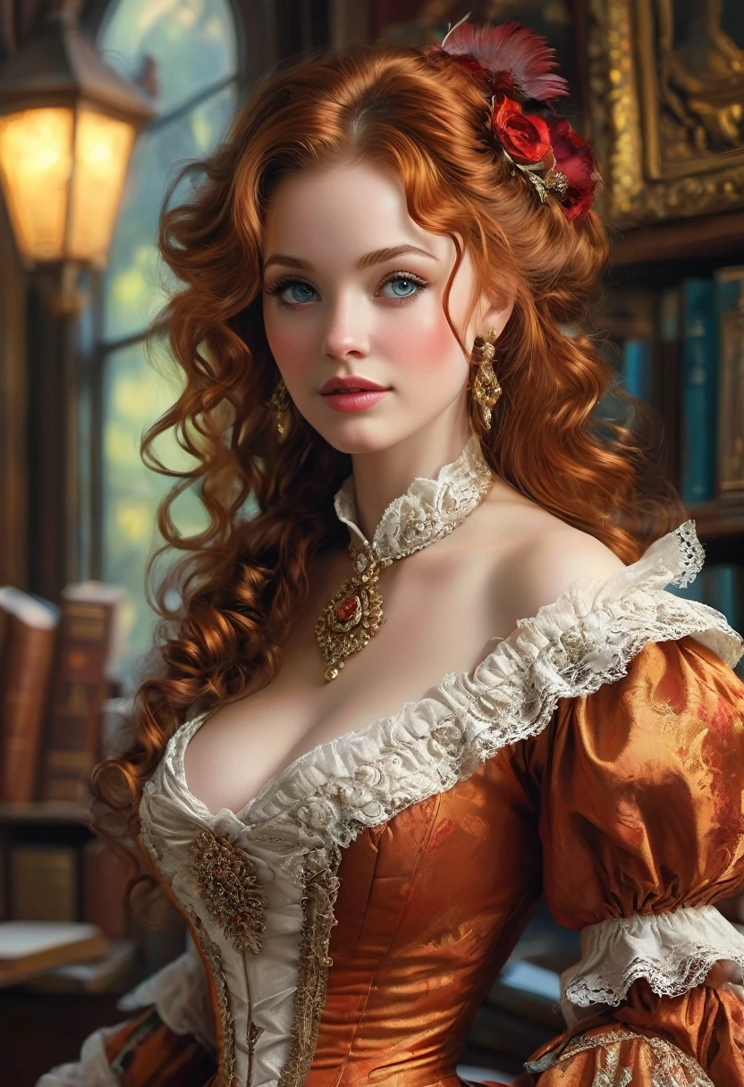 Beautiful Woman, Old West School Teacher, Full Lips, Auburn Hair Intricately But Loosely Braided. Deep_cleavage, Massive Chest. Detailed Beautiful Eyes, Pencil-Thin Waist, Wide Hips. Historically Accurate 1870s Old-West Frontier Dress. With Books. Gorgeous Smile, HourGlass Figure, Official Art, Award Winning Digital Painting, Digital Illustration, Extreme Detail, 4k, Ultra Hd, Rococo, Polished, Intricate, Realistic Fantasy Art, Sharp Focus, Concept Art, Art By Wlop, Artgerm, (2d Vector Illustration) Stunning Combination Molly Quinn,