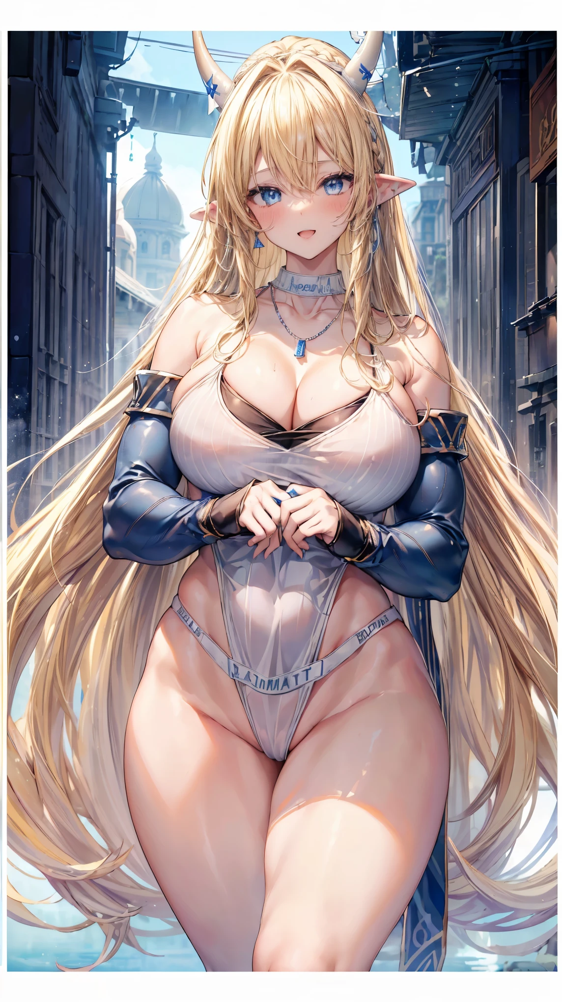 Very detailed、highest quality、Best image quality、masterpiece、8k、Sparkling blue eyes、Anime Face、A kind smile、(Open your mouth)、(Blonde long hair:1.5)、(SFW Giant:1.5)、Cowboy Shot、(White Thong:1.5)、(Muscles of the whole body)、Horn、Professionally、(necklace)