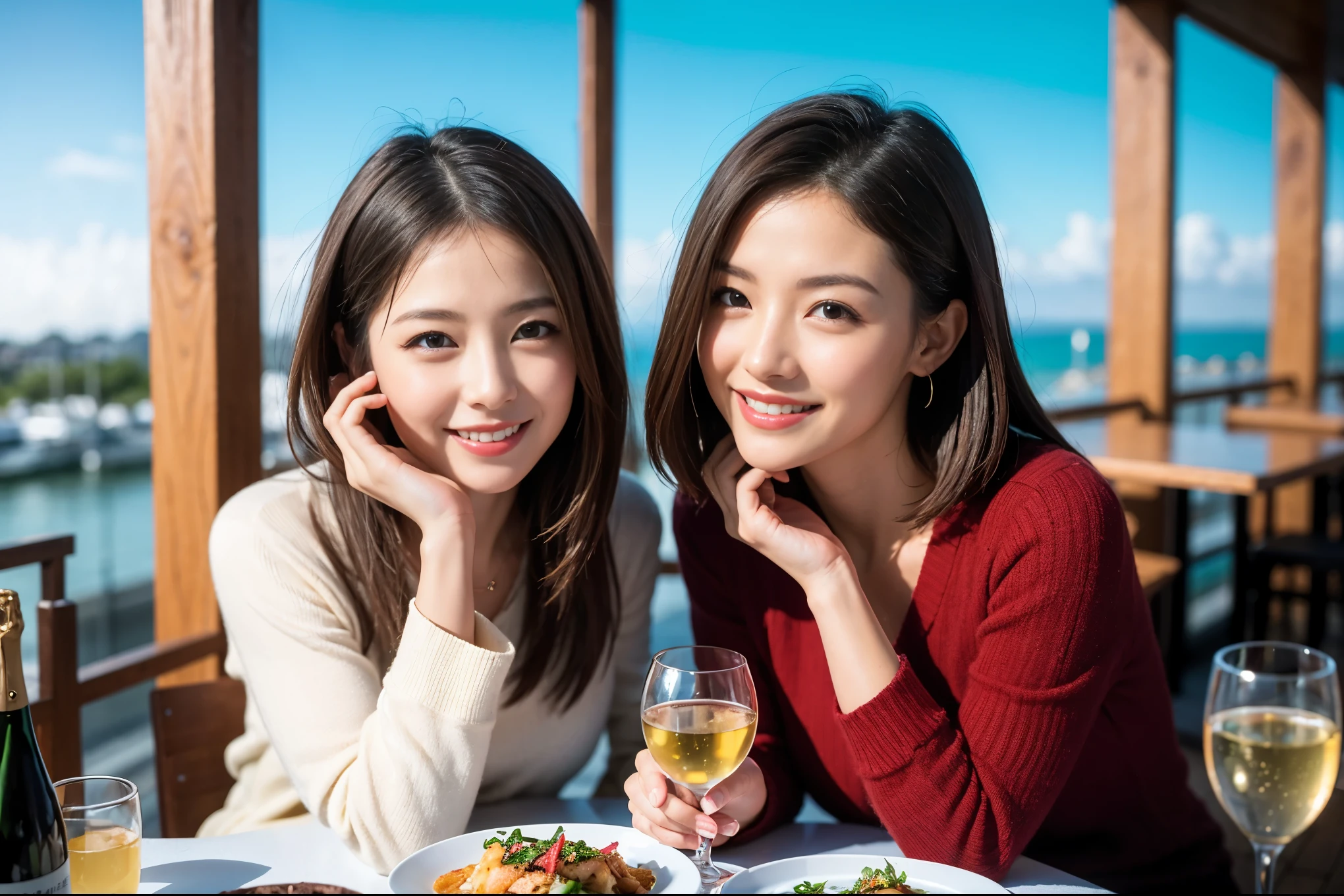 ((highest quality、8k、masterpiece:1.3))、1 male 1 female、Satomi Ishihara-like beautiful couple、Lovers、Couple、The body is slim、full-course dinner、Wine glass on the table、Shine light on your face、 Amazing view of the sunset sky and clouds、A bright smile、The wonderfulness of smile、Bright image、 short hair,Bright Face、 (Age 37), "41 years old, red wine 、Appetizers、Italian food、Wine bottle、Champagne、sparkling wine、Two beauties、Brown Hair、Shortcuts、Long sleeve shirt、dress、Pretty Woman 1, (Slim face), (The body is slim), (Brown Hair), (Shortcuts), cheeks turn a little red,Attractive beauty、restaurant, In a prominent place (From the waist up) Nova Frog Style, actress, model, Upper Body, White wine, slim, wine glass, A wine glass placed in the center, smile, (smile: 1.15), Beautiful fine grain, Depth f/2,saturation, High Contrast, Strong light and shadow,Moist Body:1.5、3D texture、Delicate eyes、Brown Hair、The hair is very shiny、
