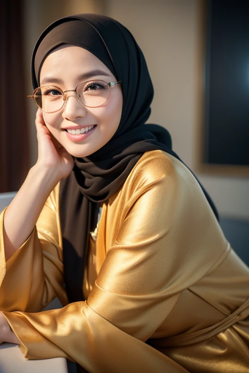 1girl, gorgeous Indonesian woman, silk abaya, hijab, smiling, shy, opened mouth, visible teeth, hot mom, full body portrait, (best quality,4k,8k,highres,masterpiece:1.2),ultra-detailed,(realistic,photorealistic,photo-realistic:1.37),HDR,UHD,studio lighting,ultra-fine painting,sharp focus,physically-based rendering,extreme detail description,professional,vivid colors,bokeh,portraits,warm color tones,dramatic lighting