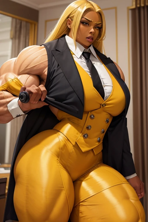 (Massive, beautiful, buff, brown skinned muscular woman with yellow hair, gray eyes, black lipstick, ginormous bulky muscles), (((yellow three-piece suit))), necktie, blazer, (((yellow suit jacket))), (((waistcoat))), double-breasted waistcoat, pencil skirt, pencil skirt, tie clip, pocket square, pocket watch, pantyhose, high heels, (close view), (massive muscles), hyper muscles, long flowing hair, in an apartment, 